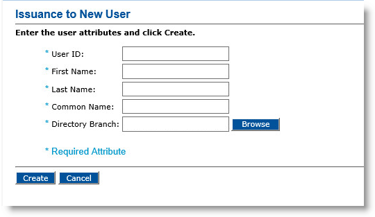 Issuance to New User dialog box where you can enter the user attributes
